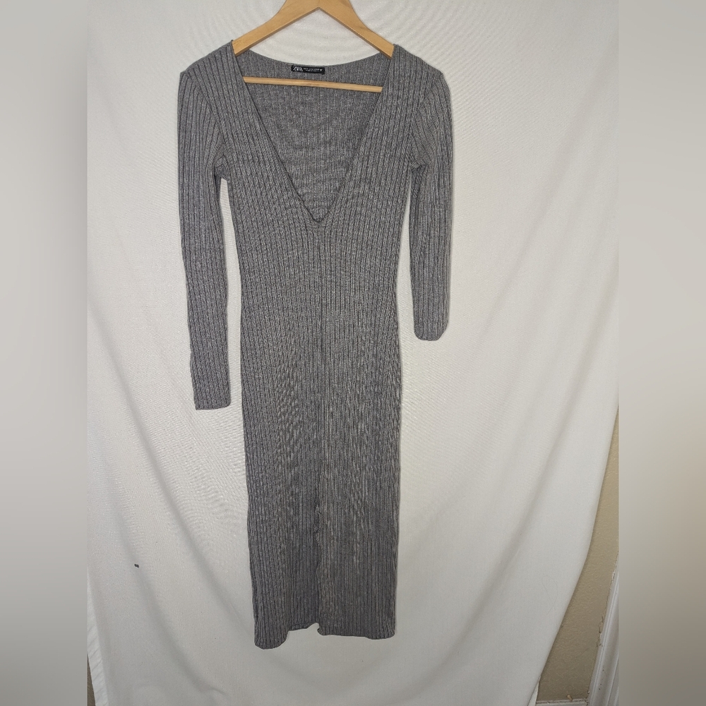 Zara‎ Grey Deep Vneck Ribbed Midi Dress Ruffle Front Slit Size Small